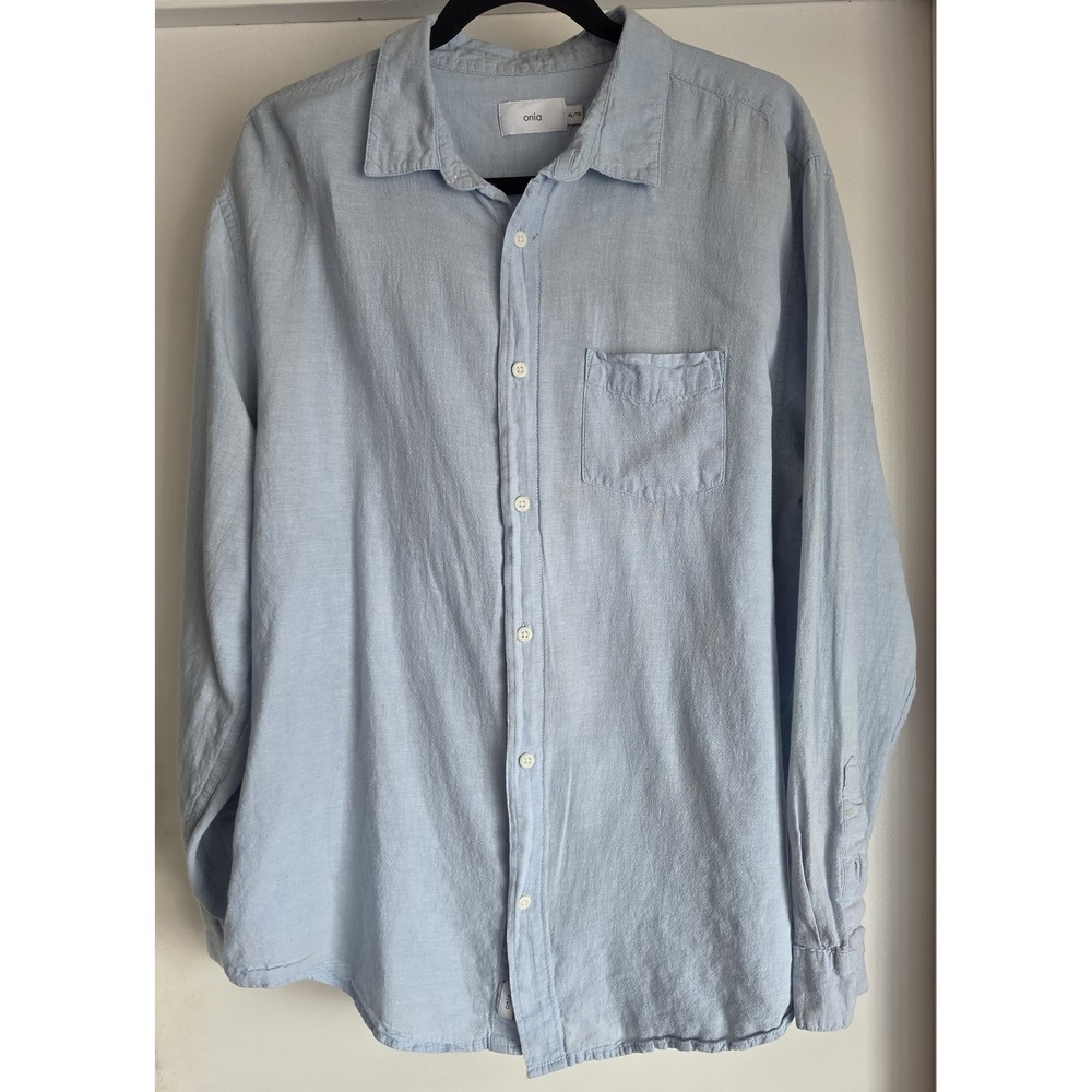 Onia Men's Long Sleeve Button-Up Shirt XL Blue Linen Blend Top